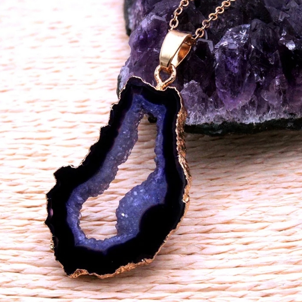 Natural Amethyst Druze Geode Stone Necklace